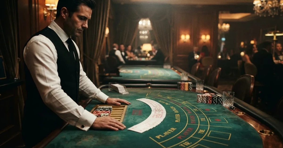 Elegantan stol za baccarat u casinu, zeleno sukno, špil karata, žetoni i djelitelj u prsluku, prigušena rasvjeta.
