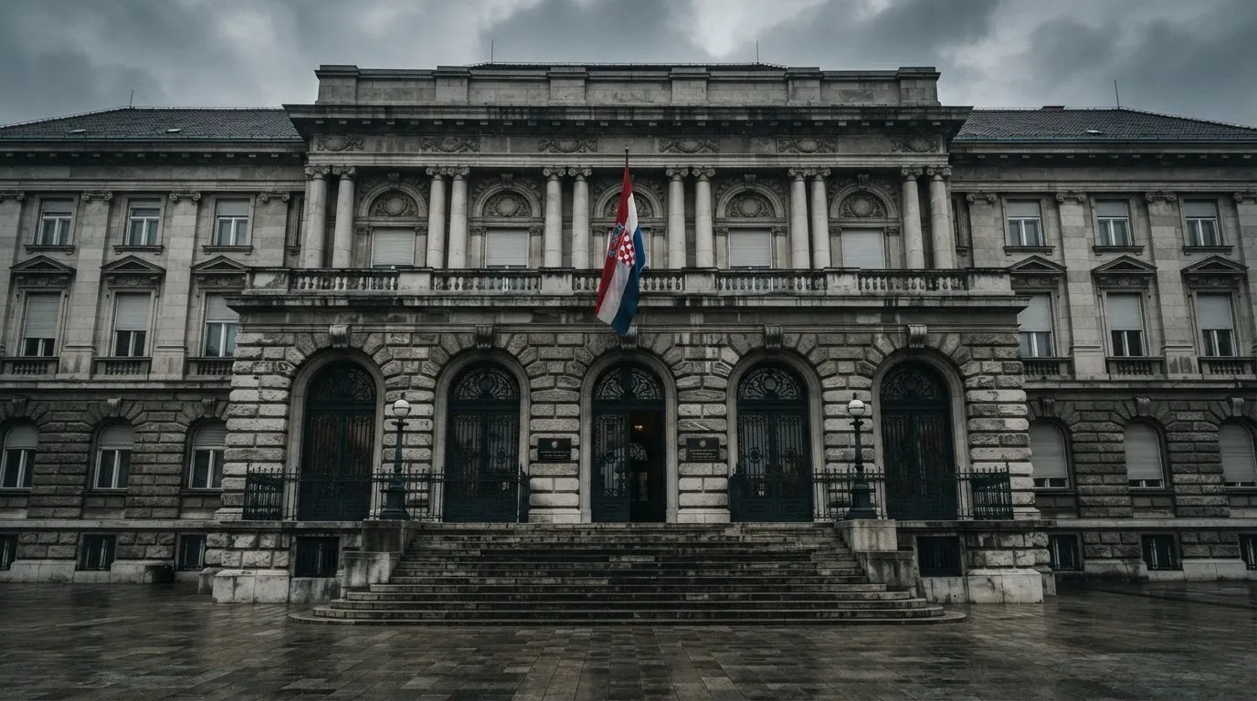 Pročelje zagrebačke ministarske zgrade od sivog kamena s visokim vratima i zastavom, oblačno nebo iznad.