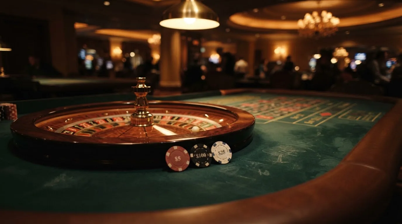 Kotač ruleta i žetoni na zelenom suknu pod toplim večernjim svjetlom — besplatni casina u hrvatskoj