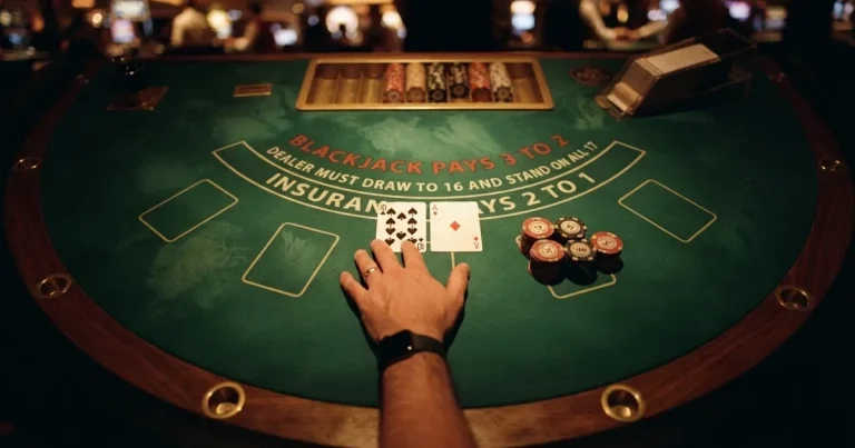 Osvijetljen stol za igru s kartama, snimljen odozgo — blackjack casina u hrvatskoj