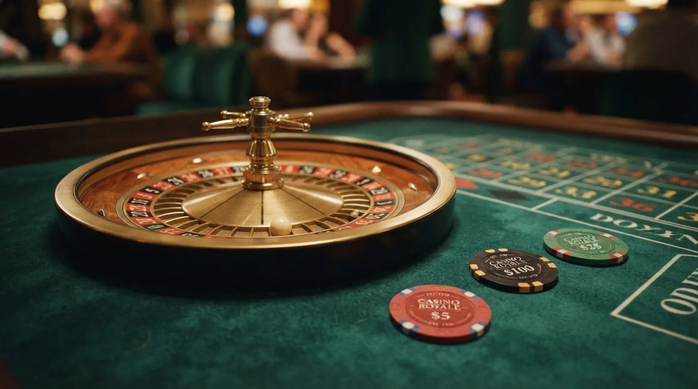 Kotač ruleta i žetoni na zelenom suknu pod toplim večernjim svjetlom — blackjack casina u hrvatskoj