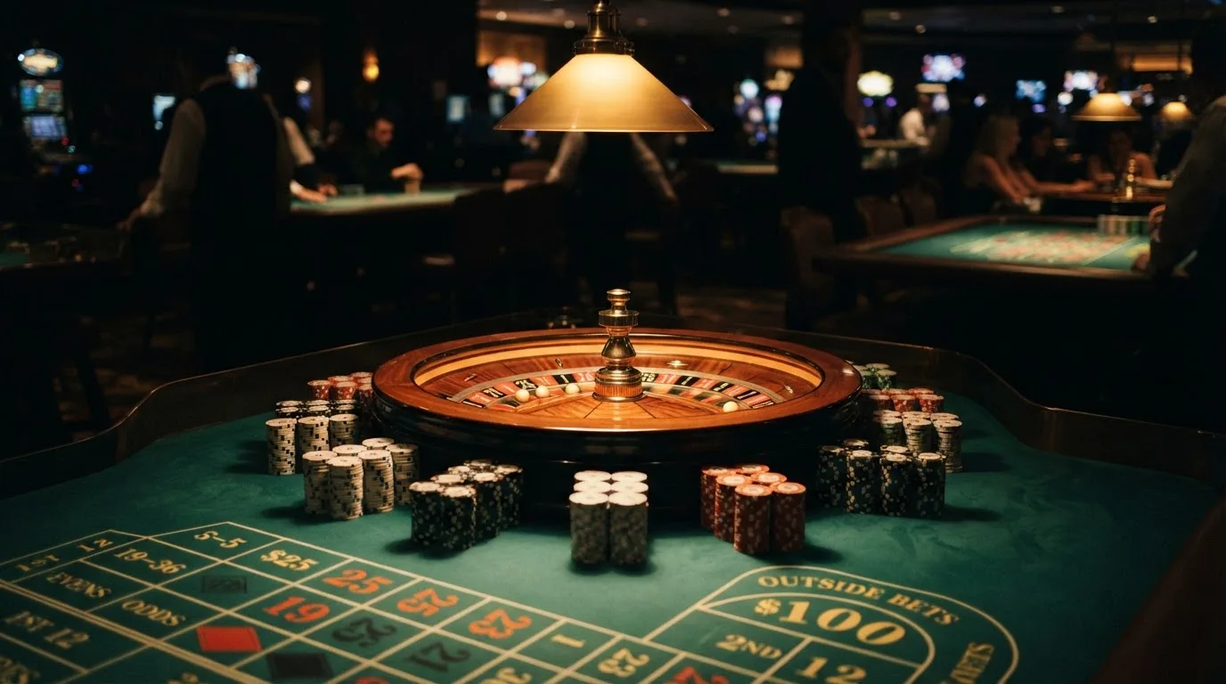 Kotač ruleta i žetoni na zelenom suknu pod toplim večernjim svjetlom — casina za android u hrvatskoj