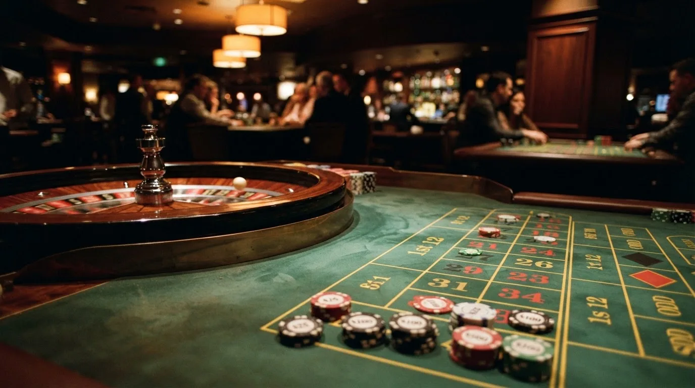 Kotač ruleta i žetoni na zelenom suknu pod toplim večernjim svjetlom — casina za iphone u hrvatskoj