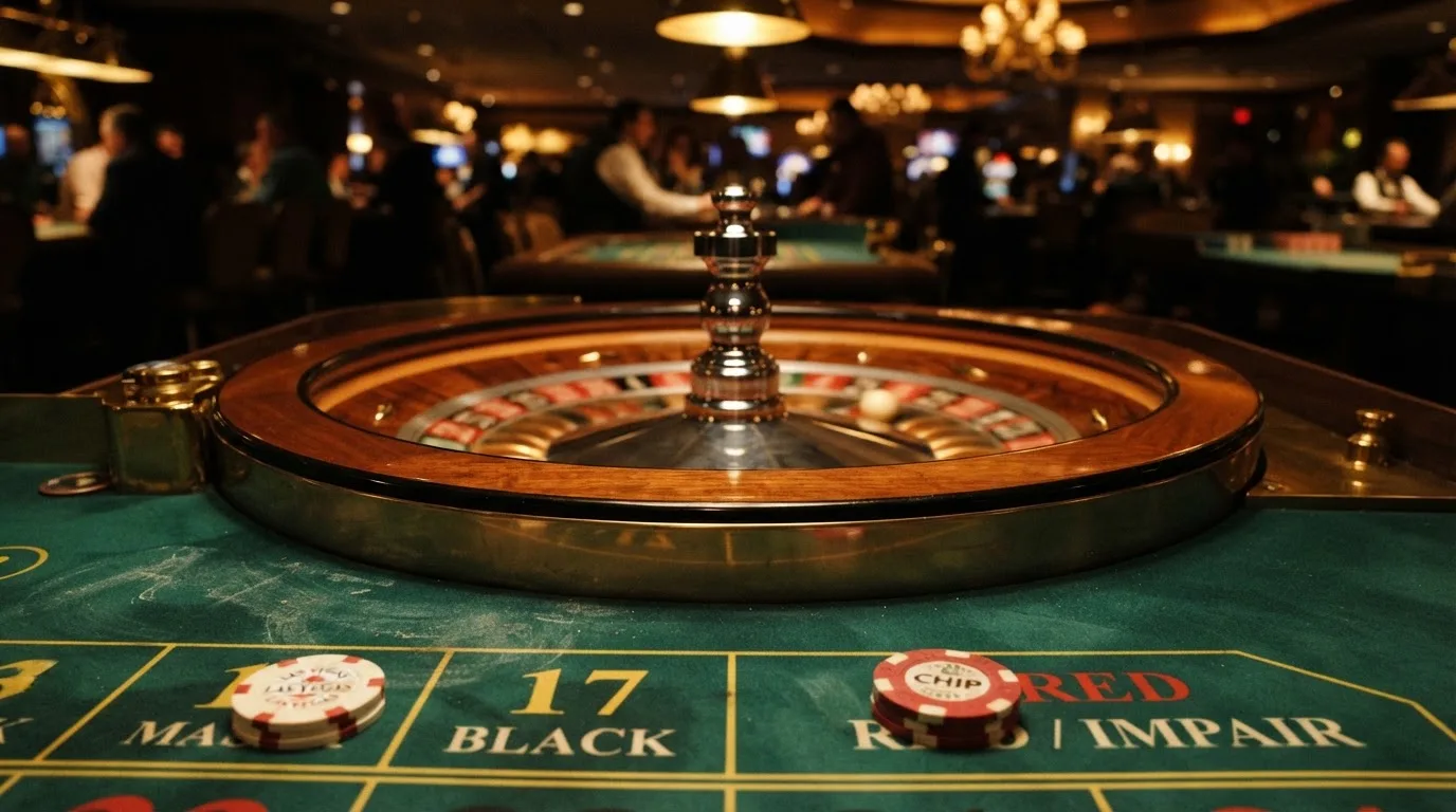 Kotač ruleta i žetoni na zelenom suknu pod toplim večernjim svjetlom — casino aparati u hrvatskoj