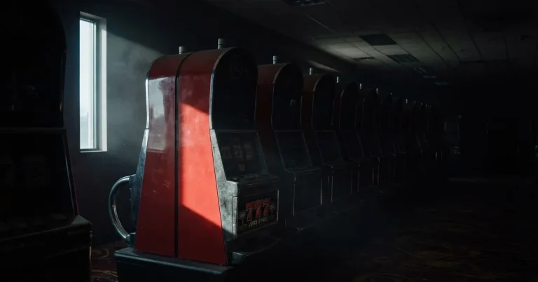 Red automata s ugašenim zaslonima u tamnoj dvorani, kroz prozor pada jedna zraka dnevnog svjetla.