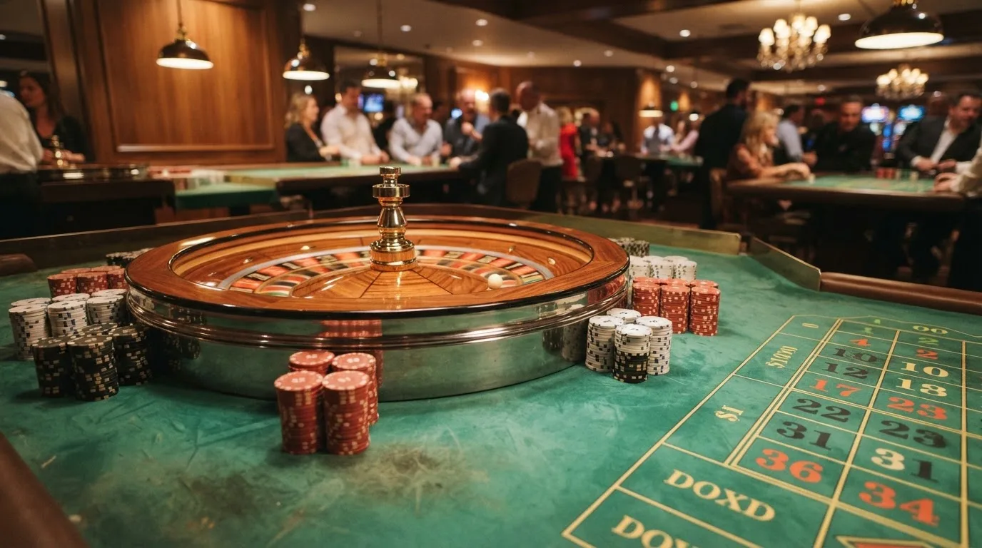 Kotač ruleta i žetoni na zelenom suknu pod toplim večernjim svjetlom — casino bez registracije u hrvatskoj
