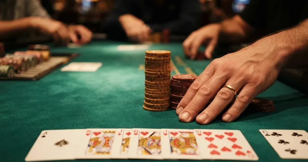 Osvijetljen stol za igru s kartama, snimljen odozgo — casino igre u hrvatskoj