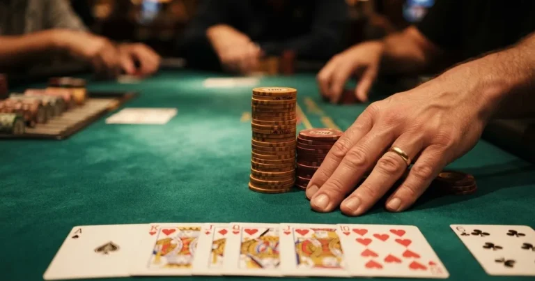 Osvijetljen stol za igru s kartama, snimljen odozgo — casino igre u hrvatskoj