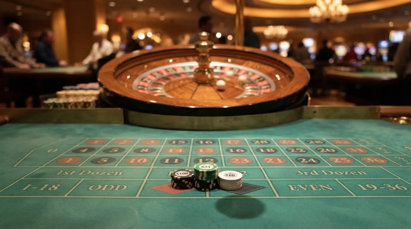Kotač ruleta i žetoni na zelenom suknu pod toplim večernjim svjetlom — casino igre u hrvatskoj