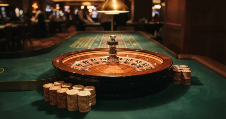 Kotač ruleta i žetoni na zelenom suknu pod toplim večernjim svjetlom — casino lutrija u hrvatskoj