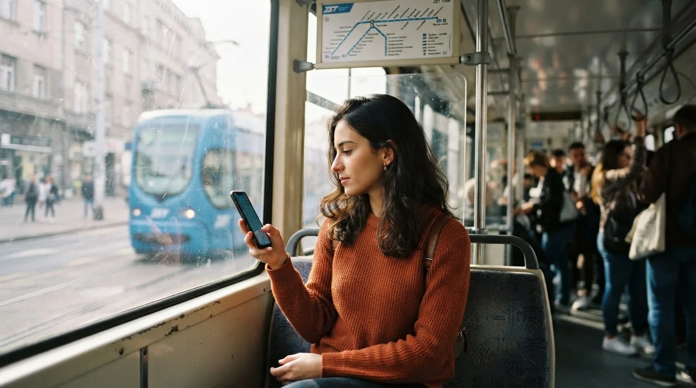 Žena u zagrebačkom tramvaju drži pametni telefon, putnici u pozadini zamućeni, dnevno svjetlo kroz prozore.