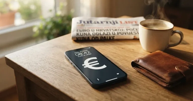 Mobitel na drvenom stolu pokraj novčanika i šalice kave — casino s apple pay u hrvatskoj