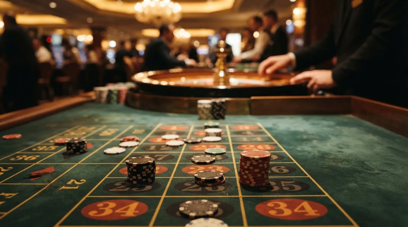 Kotač ruleta i žetoni na zelenom suknu pod toplim večernjim svjetlom — casino s apple pay u hrvatskoj
