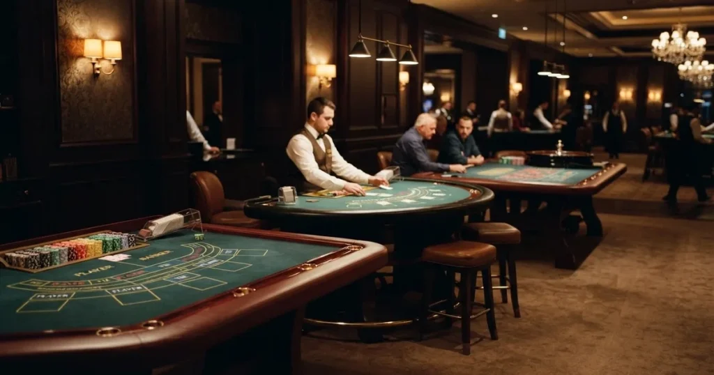 Tri različita stola za igru jedan uz drugi u mirnoj, toplo osvijetljenoj dvorani — casino stranice u hrvatskoj