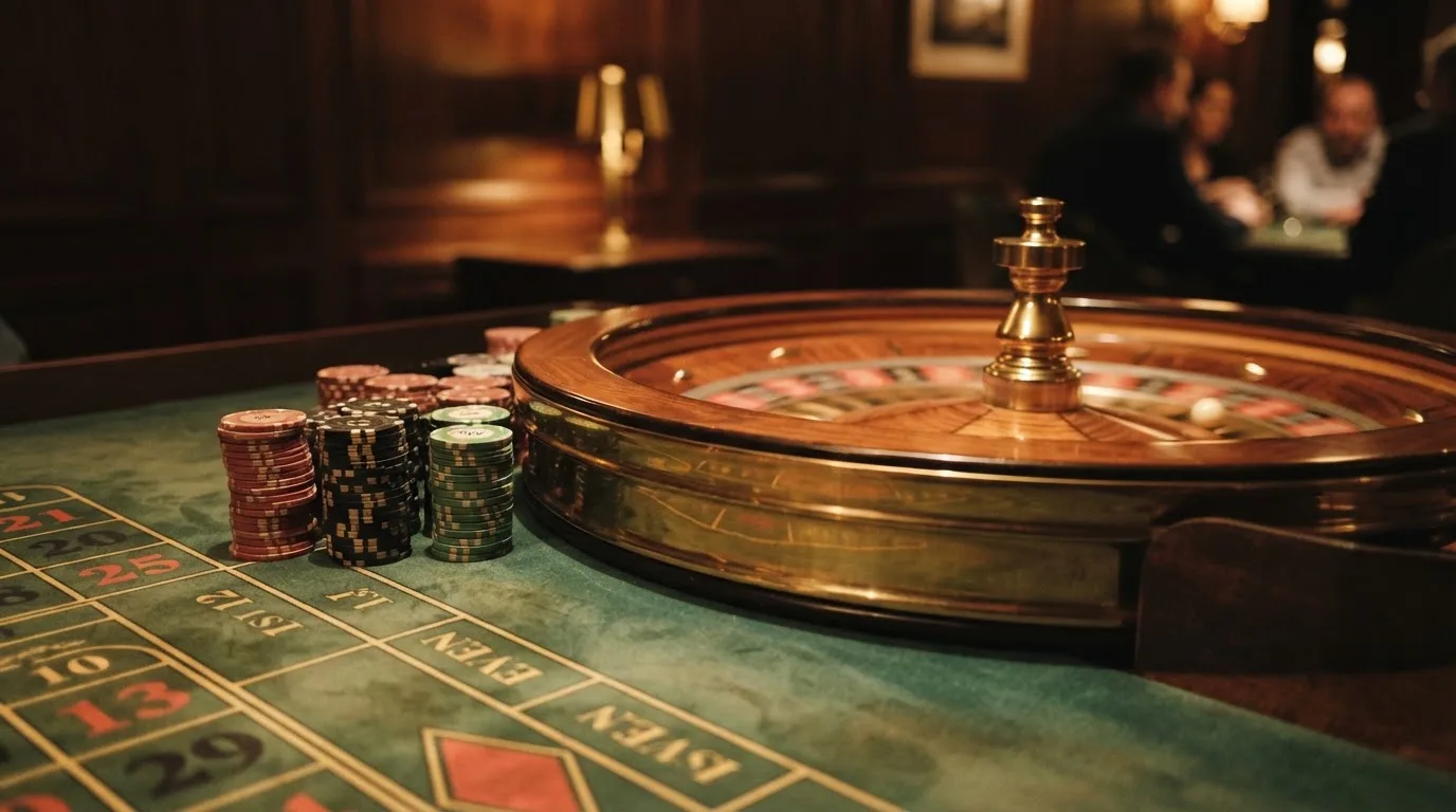 Kotač ruleta i žetoni na zelenom suknu pod toplim večernjim svjetlom — casino stranice u hrvatskoj