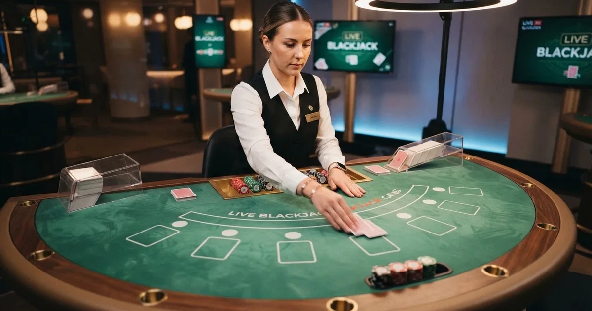 Krupijerka u crnom prsluku dijeli karte blackjacka u studiju, snimljeno kamerom s visine, meko plavo svjetlo.