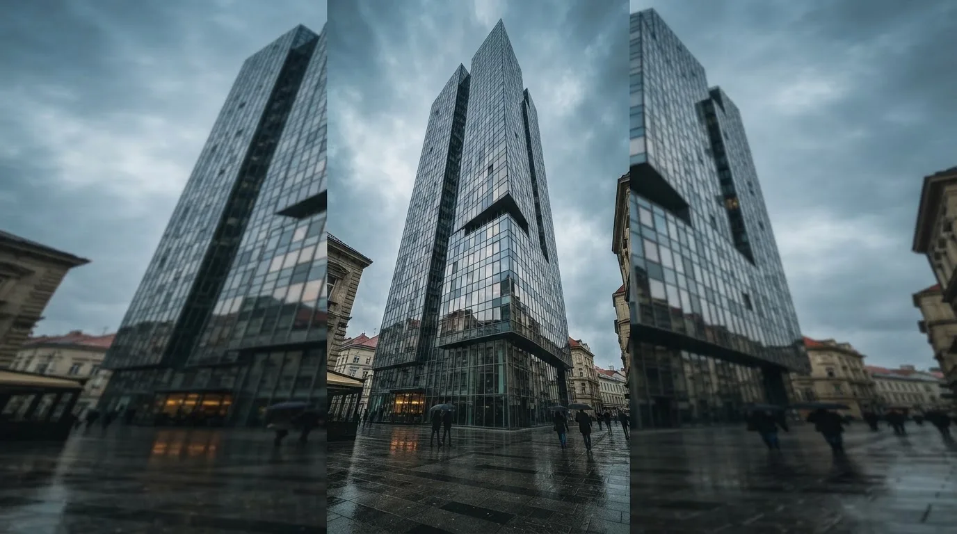 Neboder u središtu Zagreba s odsjajem neba na staklenom pročelju, snimljen s razine ulice.