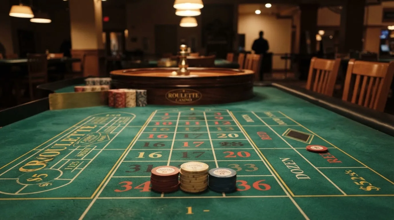 Kotač ruleta i žetoni na zelenom suknu pod toplim večernjim svjetlom — ethereum casino u hrvatskoj