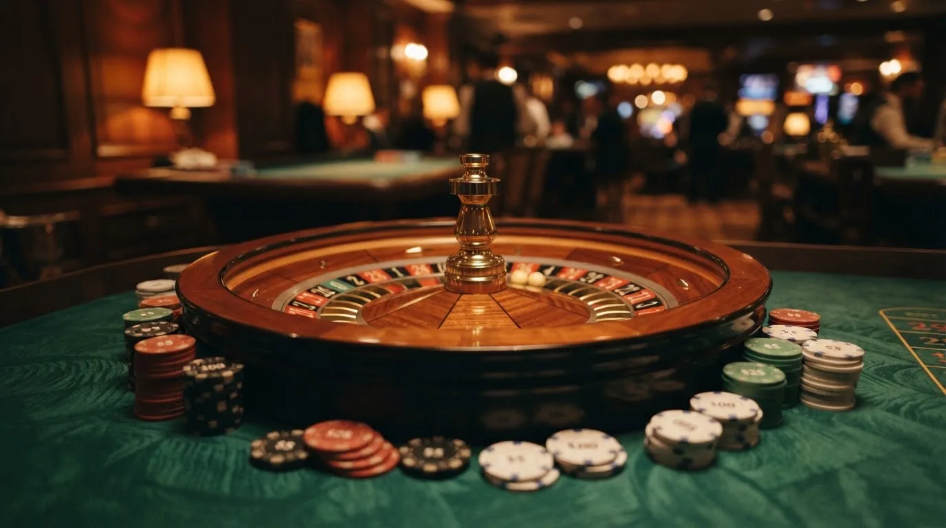 Kotač ruleta i žetoni na zelenom suknu pod toplim večernjim svjetlom — kombinacije za rulet