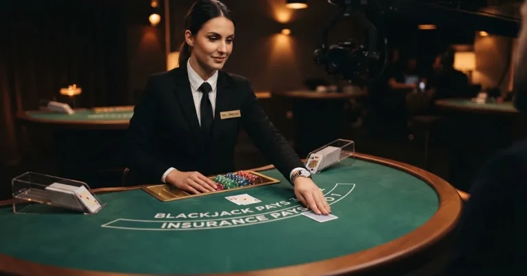 Krupije u elegantnoj uniformi dijeli karte za stolom blackjacka u studiju, snimljeno s boka pod toplim reflektorima.