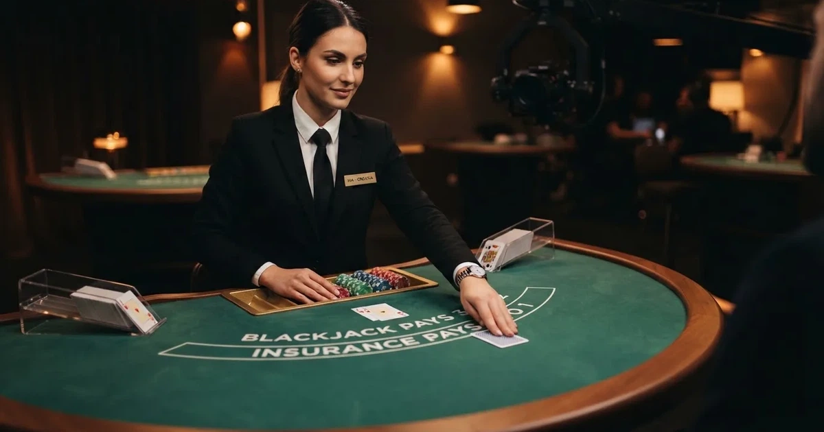 Krupije u elegantnoj uniformi dijeli karte za stolom blackjacka u studiju, snimljeno s boka pod toplim reflektorima.