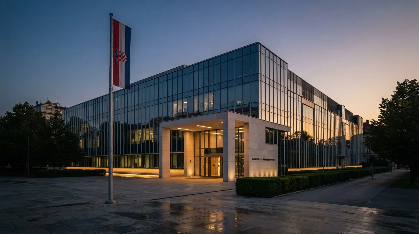 Fasada moderne državne zgrade u Zagrebu s ravnim staklenim pročeljem i hrvatskom zastavom, snimljena u sumrak.
