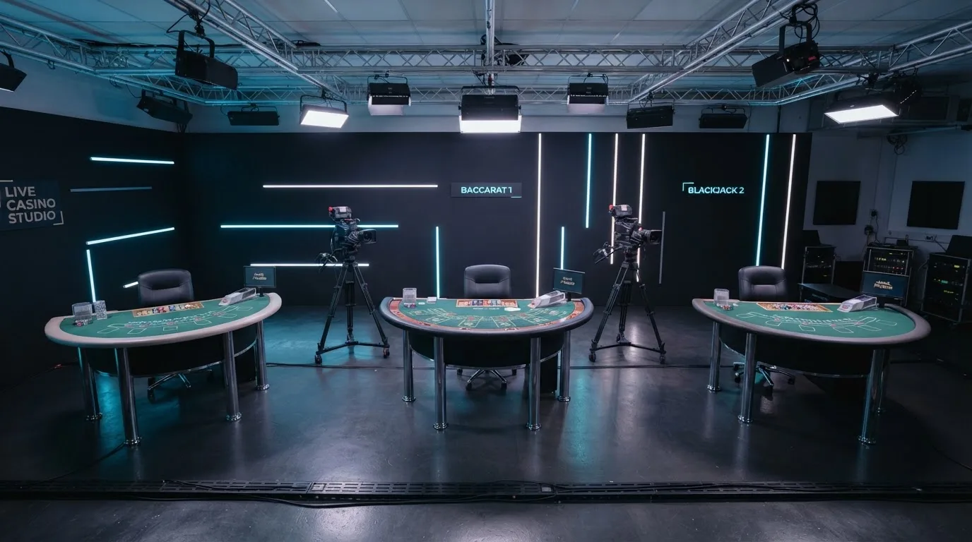 Prostrani televizijski studio za igre uživo s nekoliko praznih stolova, kamerama na postoljima i mekim plavim osvjetljenjem.