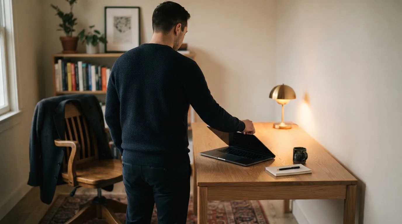 Muškarac u radnoj odjeći zatvara laptop na kraju radnog dana i uzima jaknu, soba je mirna.