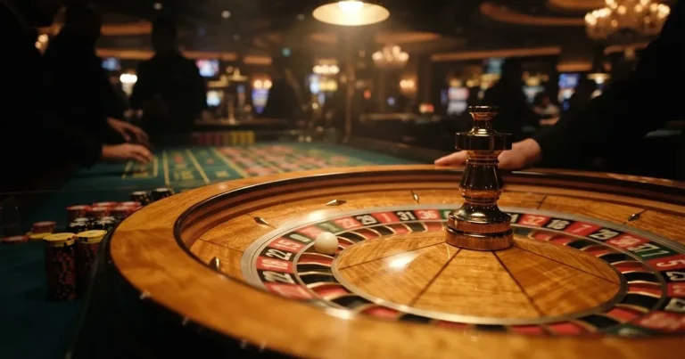 Krupni plan bijele loptice koja se vrti po rubu drvenog kotača ruleta u prigušeno osvijetljenoj dvorani.
