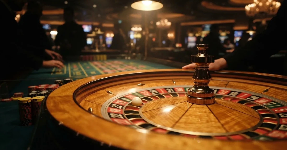 Krupni plan bijele loptice koja se vrti po rubu drvenog kotača ruleta u prigušeno osvijetljenoj dvorani.