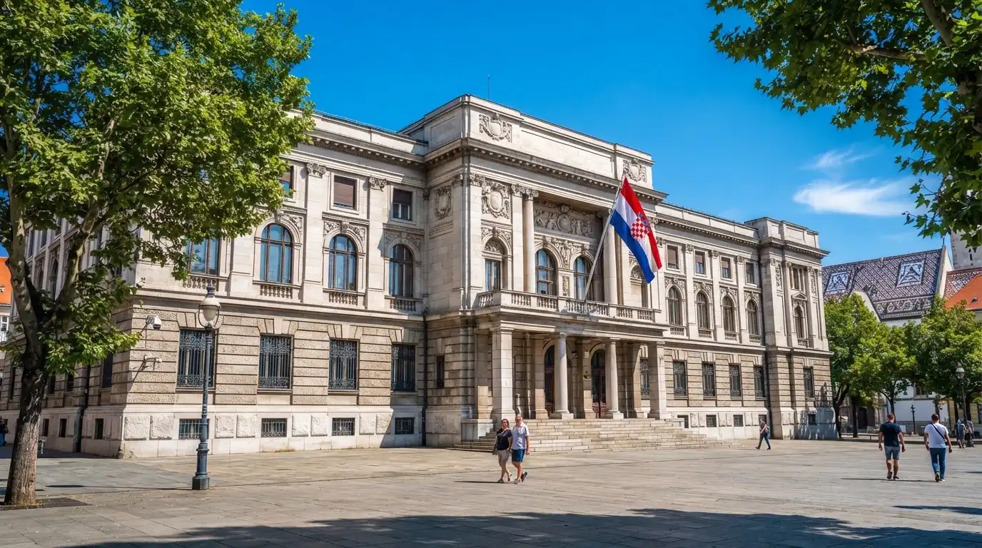 Svijetla državna zgrada u središtu Zagreba s hrvatskom zastavom na pročelju, snimljena danju pod vedrim nebom.