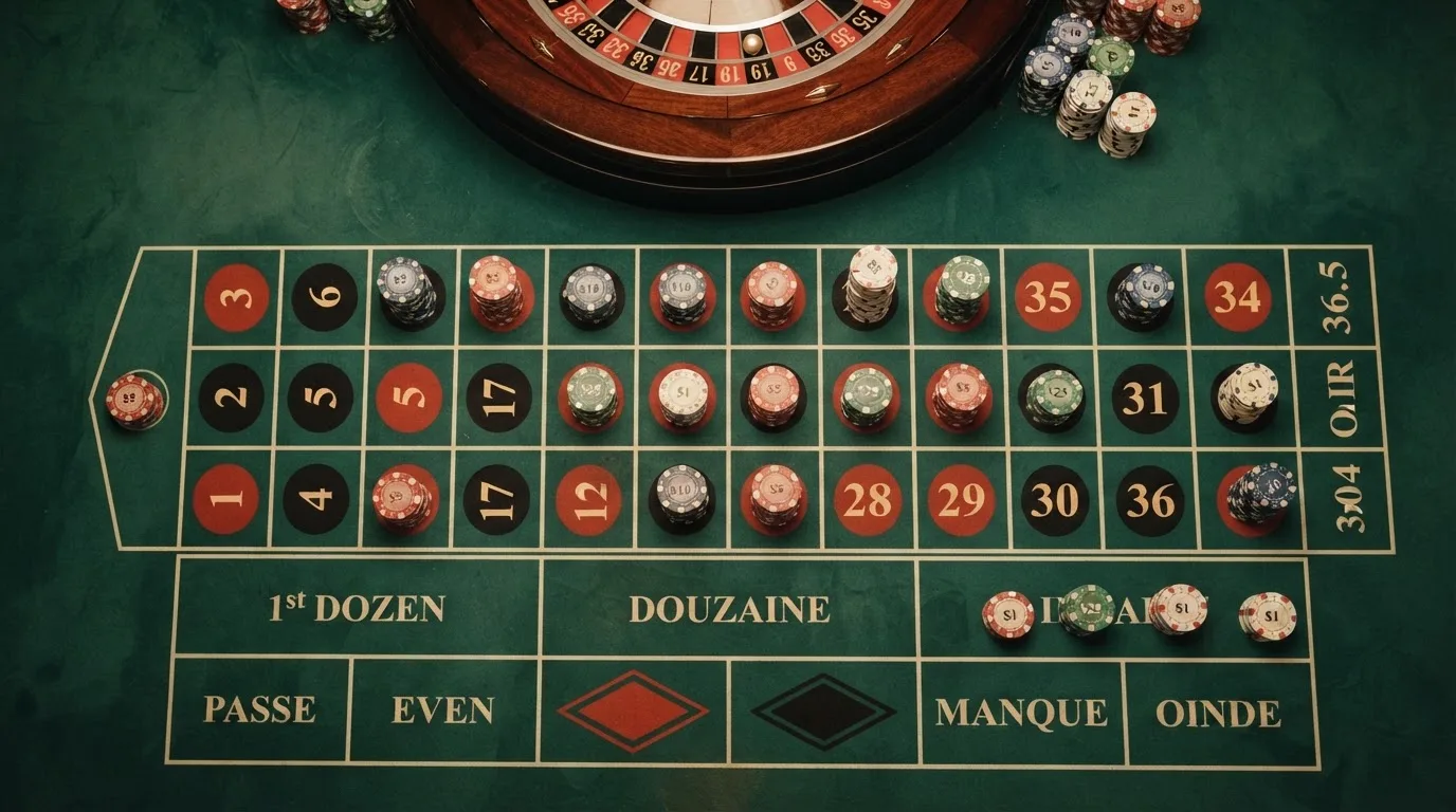 Pogled odozgo na zeleno sukno ruleta sa žetonima različitih boja složenim u male stupce, pod toplim svjetlom.